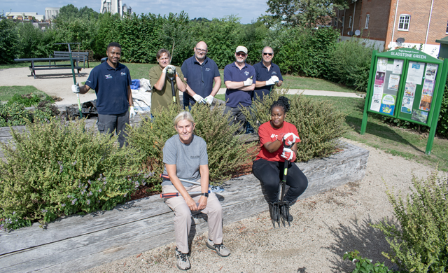 (front, centre) Stephanie Huggett, Rugby Borough Council's town park ranger, joined volunteers from Cemex to give biodiversity a boost at New Bilton's Gladstone Green and Jubilee Recreation Ground.