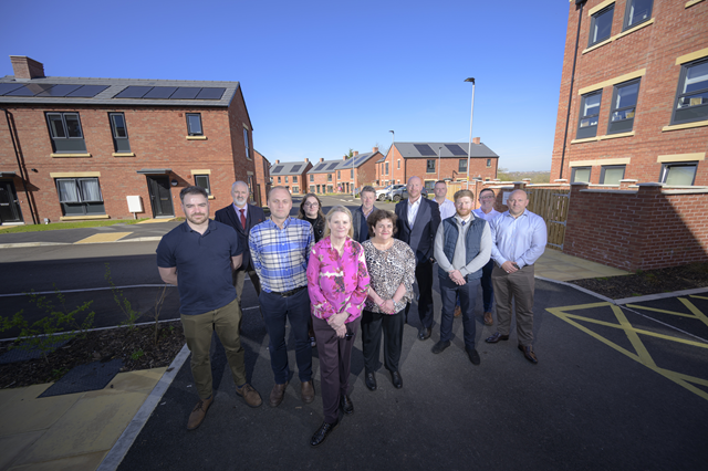 Daniel King (Homes England), Roy Horsfall (Willmott Dixon), Lewis Young (Homes England), Charlotte Larkins (Rugby Borough Council project officer), Cllr Claire Edwards (Rugby Borough Council portfolio holder for communities and homes, regulation and safety), Paul Wootton (Rugby Borough Council senior project manager), Michelle Dickson (Rugby Borough Council strategic director for communities), Martin Pallett (Willmott Dixon), Alan French (Willmott Dixon), Alistair Howarth (Michael Dyson Associates), Joe O'Leary (Willmott Dixon) and Tony Dawson (Willmott Dixon) took a tour of the Navigation Way development this week.